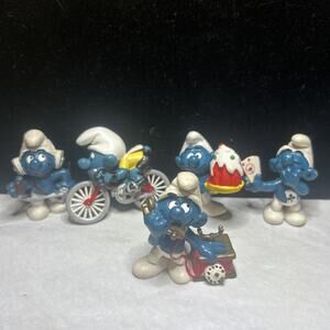 Vintage Set Smurfs Lot 5 Figurines Micro PVC Blue Figures Cartoon Collectibles